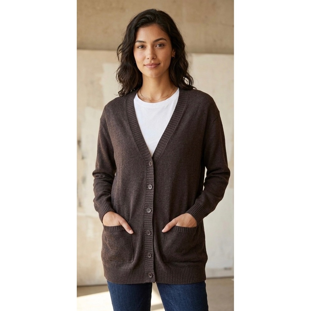 Moda International Silk Cashmere Cardigan Sweater Size S Brown V-Neck Pockets